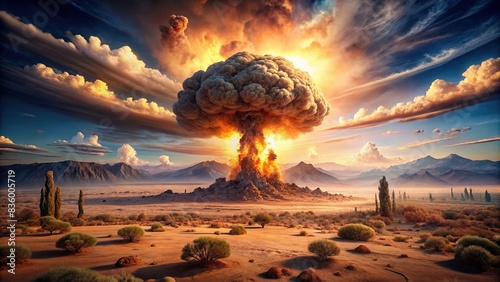 Desert landscape with a massive atomic bomb explosion , nuclear weapon testing, mushroom cloud, barren, destruction, detonation, ground zero, explosion, warfare, atomic bomb photo