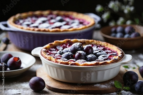 Damson Clafoutis: a classic damson clafoutis in a ceramic baking dish. Show the golden-brown edges of the clafoutis and the plump damsons nestled within. photo