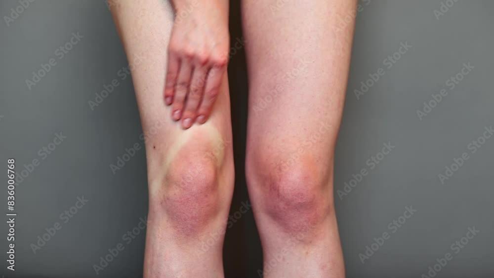 Leg pain, skin irritation concept. Close-up woman massaging red knees standing on gray background Leg pain, skin irritation concept. Close-up woman massaging red knees standing on gray background