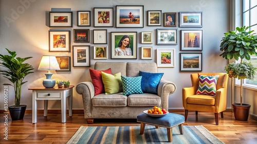 Living room with cozy armchair, colorful throw pillows, and family photo frames on the wall , Cozy, Armchair, Living room, Colorful, Throw pillows, Family photo