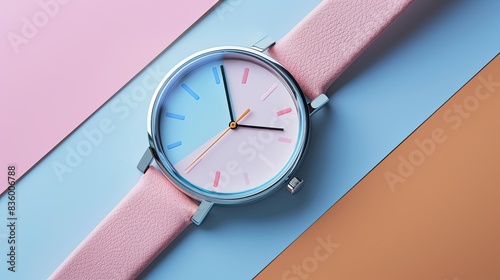Modern women's wristwatch with a minimalist design against a pastel background.