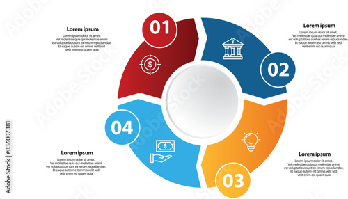 Collection of vector circle chart infographic templates for presentations, advertising, layouts, annual reports. 4 options, steps, parts