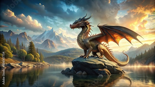 A majestic dragon perched on a rock in the middle of the water   dragon  fantasy  mythical creature  water  lake  rock  majestic  powerful  mystical  scenery  peaceful  tranquil  wilderness