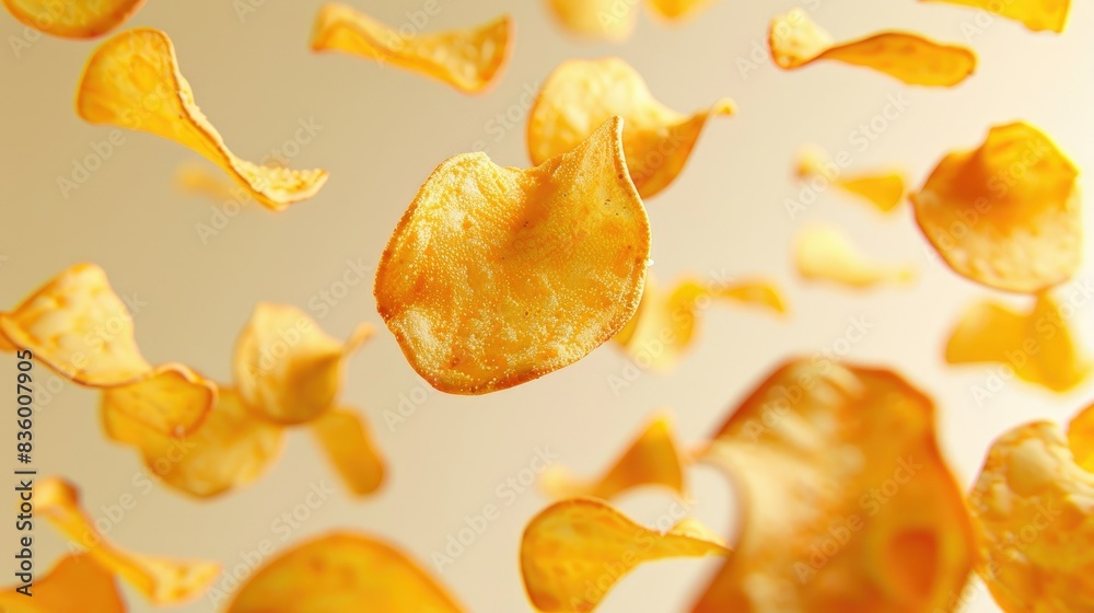 Multiple potato chips floating in a dynamic arrangement, perfect for snack advertisements. Multiple potato chips floating in a dynamic arrangement, perfect for snack advertisements.