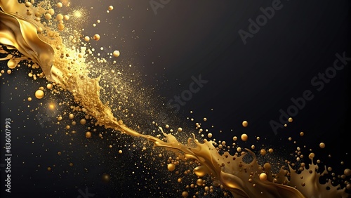 Dark background with elegant gold paint splashes on right side , elegant, luxurious, abstract, artistic, design, backdrop, texture, shiny, decorative, glam, rich, contrast, blank space