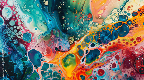 Fluid forms made of acrylic pouring with bright colours, iridescent background. Generative AI