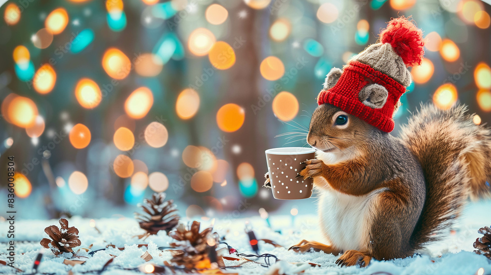 A cute and cheerful squirrel, dressed in a knitted hat, sipping cocoa against a winter forest backdrop with snow, fir trees, and festive lights, ideal for New Year holiday postcards. Ai generated A cute and cheerful squirrel, dressed in a knitted hat, sipping cocoa against a winter forest backdrop with snow, fir trees, and festive lights, ideal for New Year holiday postcards. Ai generated