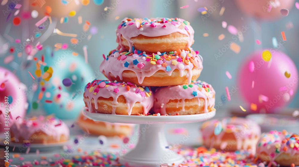 A delightful three-tiered stack of pink frosted donuts with colorful sprinkles and festive decor, radiating joy and celebration. Ai generated A delightful three-tiered stack of pink frosted donuts with colorful sprinkles and festive decor, radiating joy and celebration. Ai generated