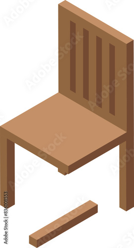 Isometric 3d illustration of a detailed, realistic wooden chair with a broken leg in need of repair and restoration