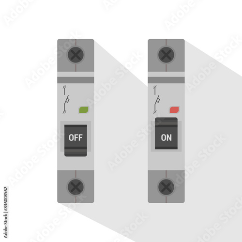 Miniature modular DIN rail circuit breaker. Flat design. Vector illustration