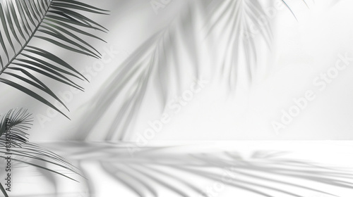 Light background with palm leaf shadow on a white wall. Vector background for product presentation, mockup display, and beauty concept template design. 