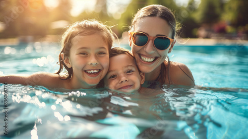 A happy mother with two children playing joyfully in a swimming pool, summer holiday setting. Ai generated © Kiron