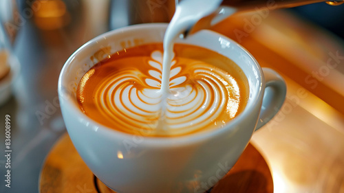 A perfectly crafted latte with detailed art being created as milk is poured into the espresso, emphasizing the steam and precision. Ai generated
