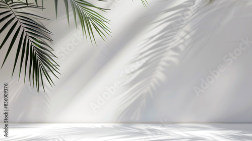 Light background with palm leaf shadow on a white wall. Vector background for product presentation, mockup display, and beauty concept template design.  © pikshine