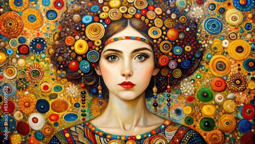 Painting of a girl inspired by Gustav Klimt, featuring intricate patterns and vibrant colors, art, portrait, female, beauty, elegant, luxurious, gold, pattern, design, ornate, decor photo