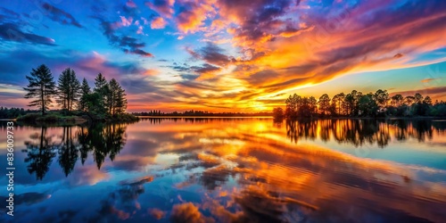 Sunset over calm lake with reflections of colorful sky and silhouette of trees , serene, scenic, tranquility, dusk, nature, beauty, peaceful, reflections, water, landscape, vibrant, horizon