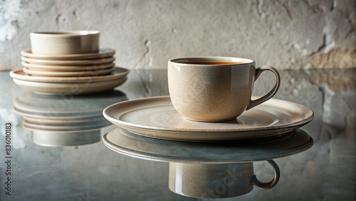 Coffee mug resting on dinner plates in a neo-concrete setting with minimal retouching, juxtaposing light brown and white colors
