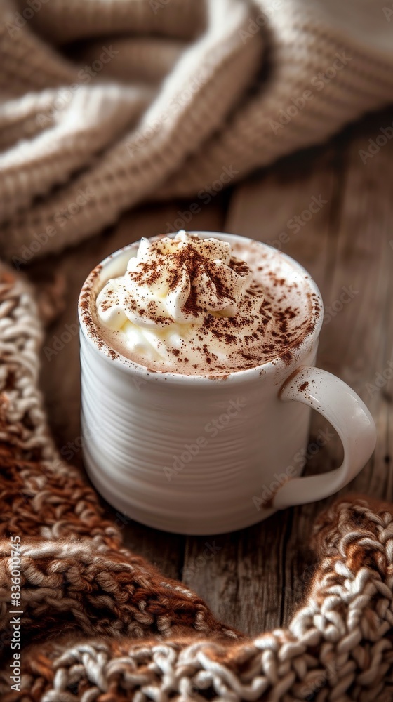 White mug filled with hot chocolate sprinkled with cocoa powder White mug filled with hot chocolate sprinkled with cocoa powder