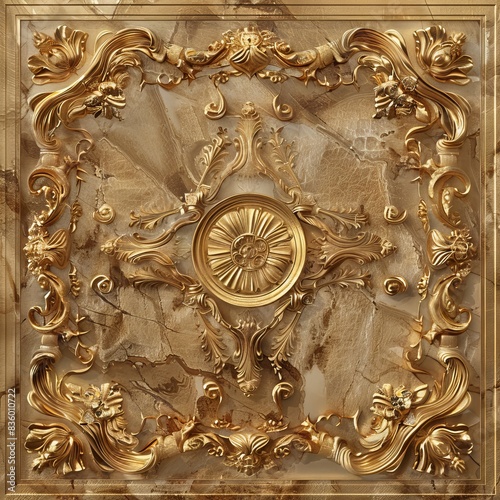 Lavish antique baroque, barocco ornate marble ceiling frame non linear reformation design. elaborate ceiling with intricate accents depicting classic elegance and architectural beauty photo