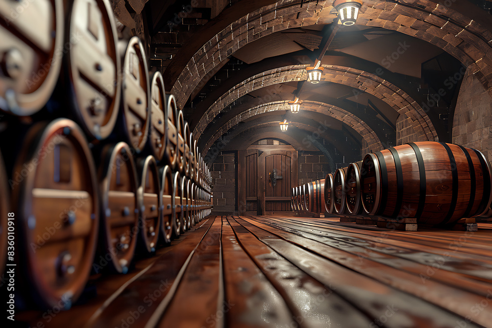 A wine barrel in a wine cellar filled with numerous other barrels, showcasing a rich collection of aging wine. A wine barrel in a wine cellar filled with numerous other barrels, showcasing a rich collection of aging wine.
