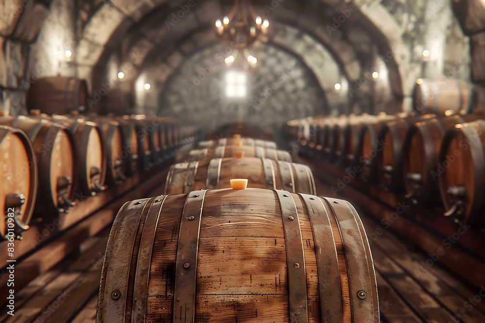 A wine barrel in a wine cellar filled with numerous other barrels, showcasing a rich collection of aging wine. A wine barrel in a wine cellar filled with numerous other barrels, showcasing a rich collection of aging wine.