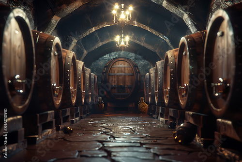 A wine barrel in a wine cellar filled with numerous other barrels, showcasing a rich collection of aging wine.