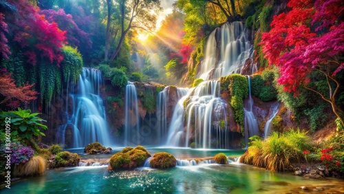 Vibrant and colorful fantasy waterfall surrounded by lush vegetation   fantasy  vibrant  colorful  waterfall  natural  beauty  scenery  enchanted  magical  mystical  exotic  tropical
