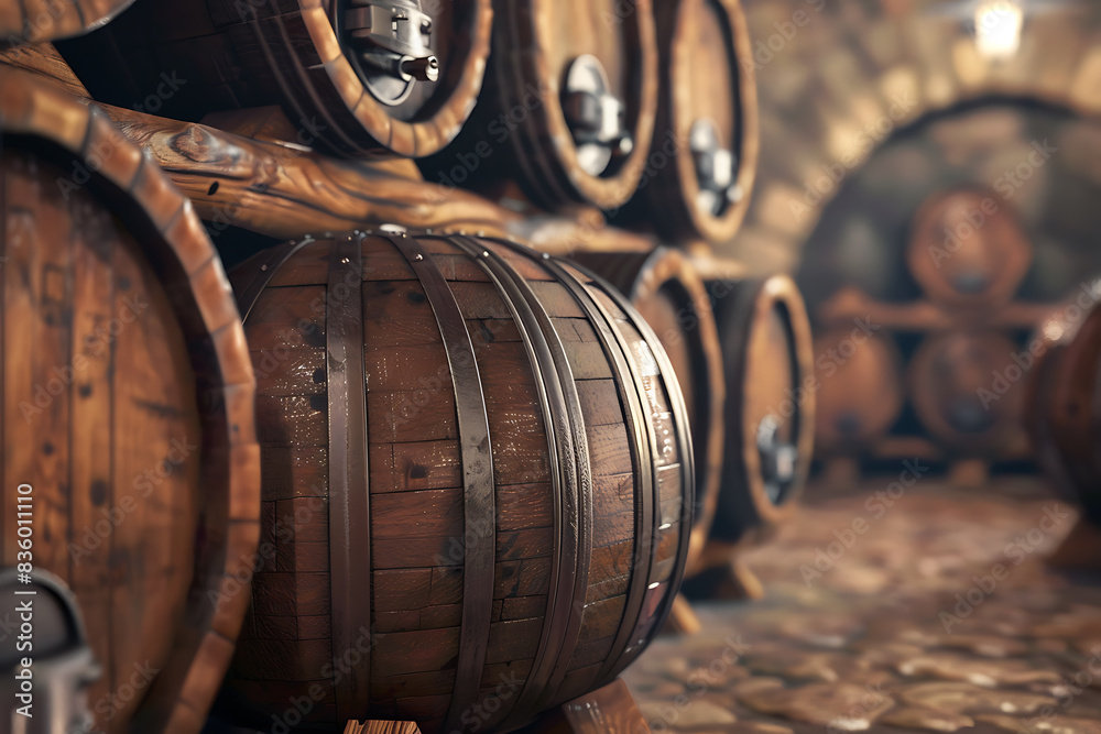 A wine barrel in a wine cellar filled with numerous other barrels, showcasing a rich collection of aging wine. A wine barrel in a wine cellar filled with numerous other barrels, showcasing a rich collection of aging wine.