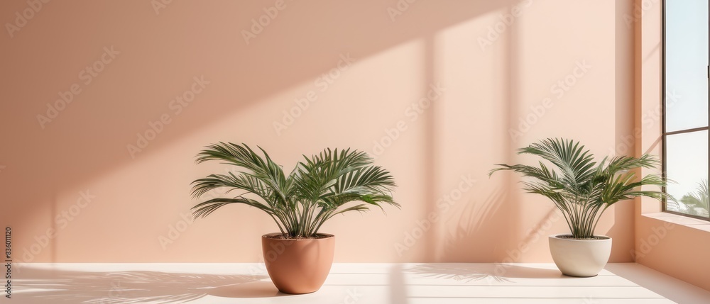Fototapeta premium Blurred shadow from palm leaves on the light pink wall. Minimal abstract background for product presentation.