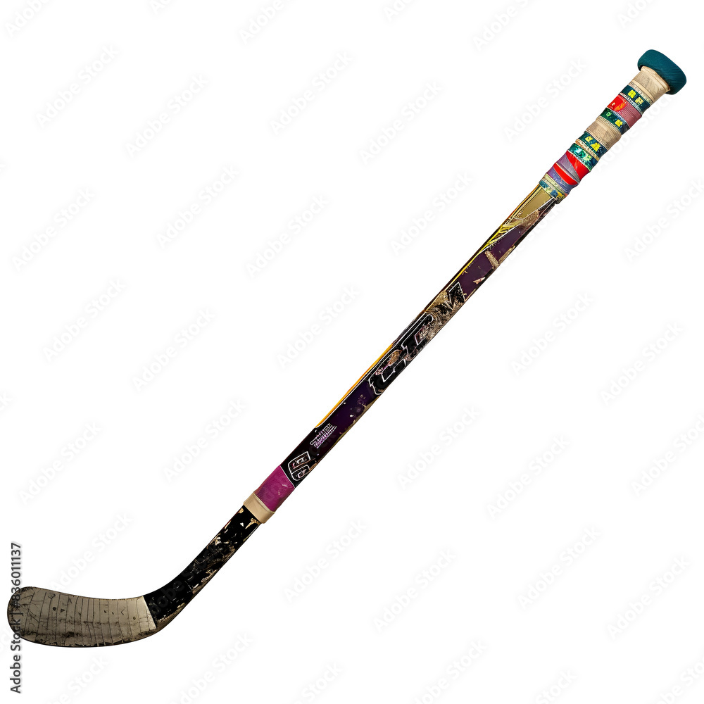 Composite Hockey Stick with Curved Blade and Colorful Tape on White Background Composite Hockey Stick with Curved Blade and Colorful Tape on White Background