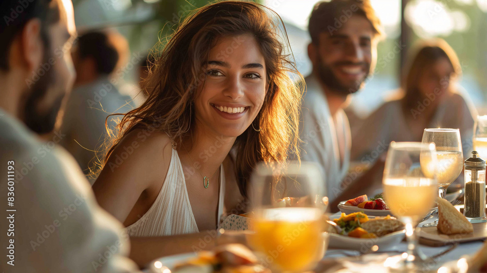Young people are having picnic outdoors. Beautiful girl is holding a glass of beverage, looking at camera and smiling while her friends are talking in the background