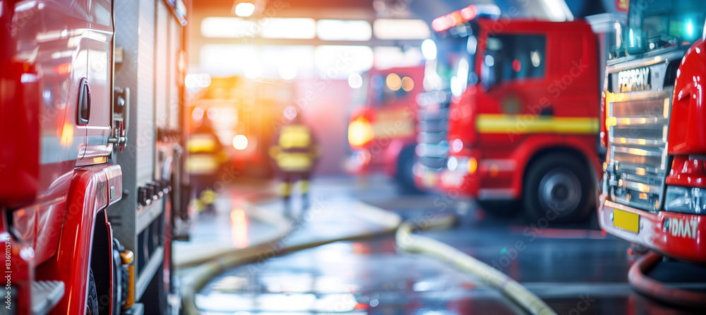 custom made wallpaper toronto digitala of a fire station garage with fire trucks parked inside, featuring a blurred background of firefighters preparing equipment, Interior, fire station, indoor, blurre