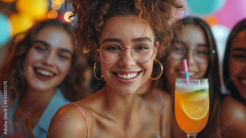three charming young women in bikinis rasing glasses and smiling at the camera near a pool three charming young women in bikinis rasing glasses and smiling at the camera near a pool