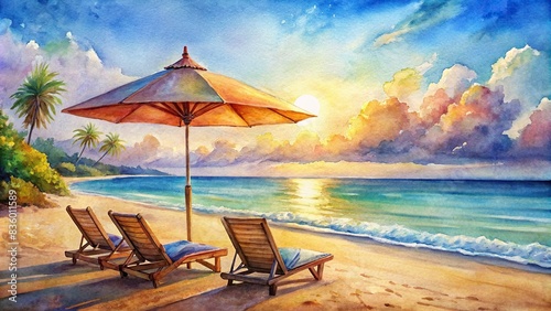 A serene watercolor painting of a beach scene with umbrella and lounge chairs , beach, watercolor, painting, umbrella, lounge chairs, seaside, tranquil, relaxation, vacation, tropical photo
