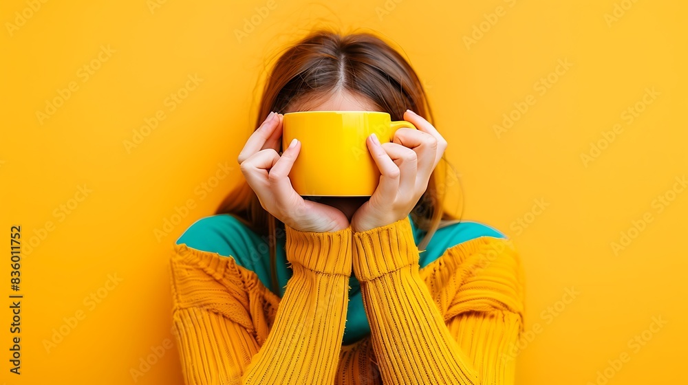 Close-up view of woman's hands holding a coffee cup with a sad expression.against soli yellow backgorund Close-up view of woman's hands holding a coffee cup with a sad expression.against soli yellow backgorund