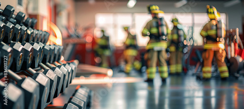 a  of a fire station's fitness room with workout equipment, capturing a blurred background of firefighters exercising and staying fit, Interior, fire station, indoor,