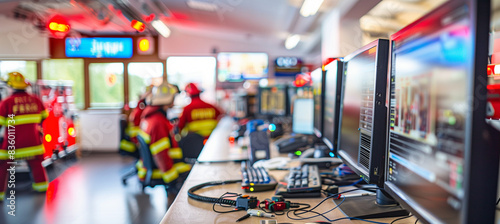 a detailed image of a fire station's control room with computer monitors and communication devices, while the blurred background shows firefighters monitoring calls, Interior, fire