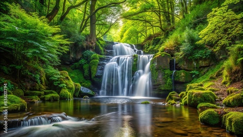 A tranquil small waterfall surrounded by lush green trees and foliage , nature, forest, waterfall, peaceful, serene, fresh, green, trees, foliage, creek, stream, tranquil, scenery © Woonsen