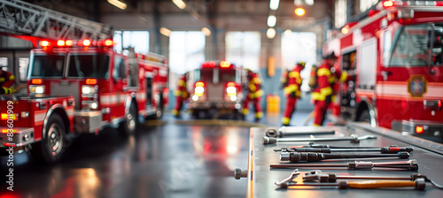 a  of a fire station's maintenance area with tools and equipment, featuring a blurred background of firefighters working on vehicles, Interior, fire station, indoor,