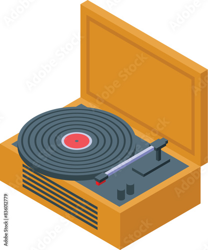 Detailed and colorful isometric retro turntable illustration with vintage vinyl record player, creating nostalgic music entertainment
