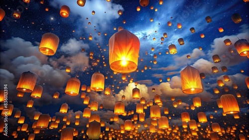 Flying Chinese lanterns floating in dark night sky , celebration, festival, tradition, paper, glowing, light, illuminating, cultural, evening, peaceful, serene, airborne, glowing, tradition photo