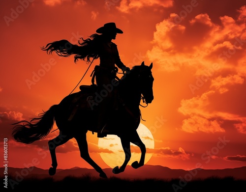 Girl cowboy on horseback at sunset