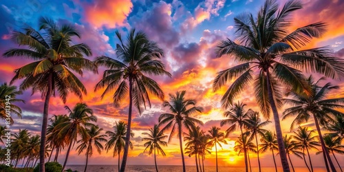 Romantic tropical sunset vibes with coconut palm trees and bright sky   Summer vacation  banner  tropical  palm tree  sunlight  exotic  foliage  nature  landscape  coconut palm trees