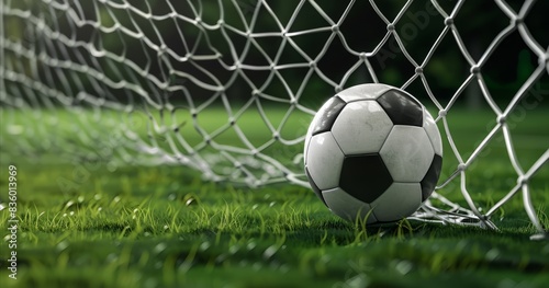 A soccer ball and a net on a soccer field