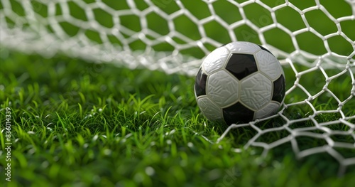 A soccer ball and a net on a soccer field