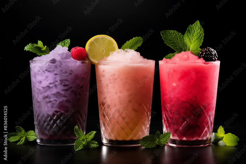 Three different colored cocktails on the bar counter with ice spread around and a shallow depth of field of the bar