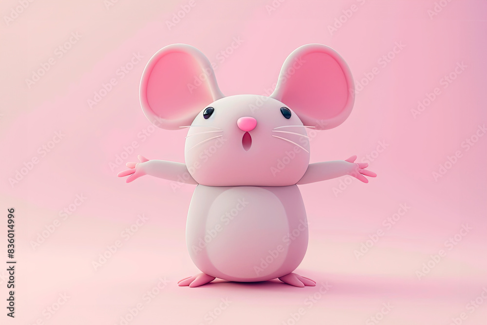 A 3D funny cartoon mouse is standing on a soft pastel pink background A 3D funny cartoon mouse is standing on a soft pastel pink background