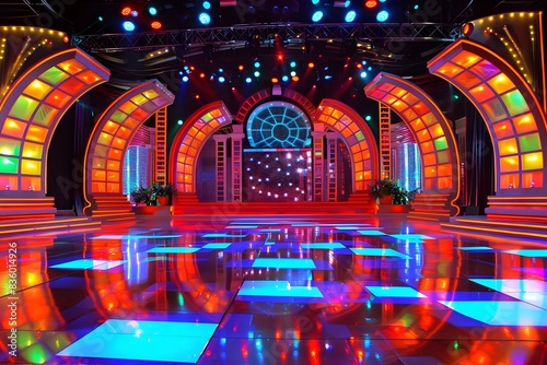 Exciting TV Show Stage with Colorful Lights and Archway