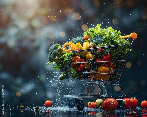 Online Grocery Shopping in Virtual Cart with Fresh Produce and Rainy Weather Background