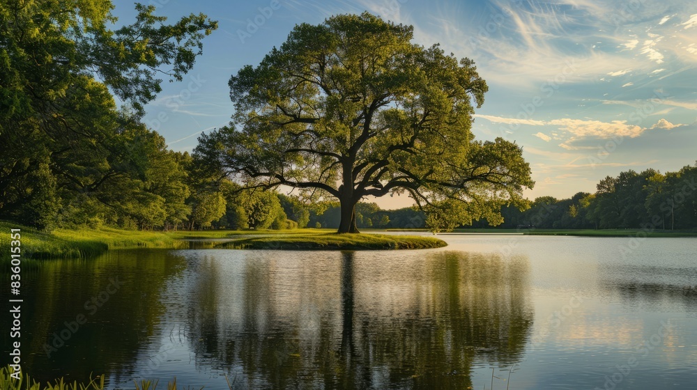 Fototapeta premium one big tree in the middle around the lake